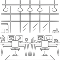 Aufkleber - Office interior design illustration with desks, chairs, computers, and lighting fixture line art