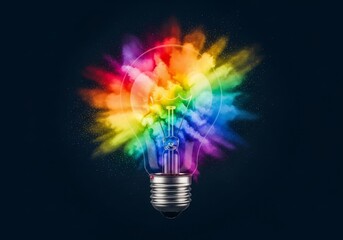 Poster - Colorful Lightbulb Explosion of Ideas - A vibrant lightbulb explodes with rainbow-colored powder, symbolizing creativity, innovation, and brilliant ideas