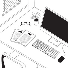 Poster - Workspace illustration: minimalist office desk setup with computer, documents and plant drawing art