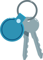 Poster - Two metal keys are hanging from a blue keychain, isolated on a white background, representing security, access, and ownership
