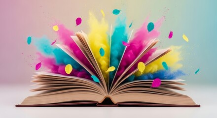 Poster - Exploding Imagination: A Colorful Book - Open book, vibrant colors bursting, knowledge explosion, creativity, imagination, fantasy, artistic expression