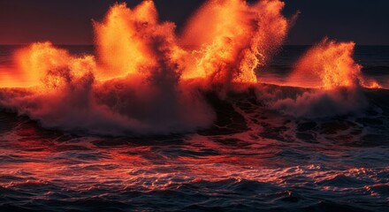 Poster - Fiery Ocean Waves at Sunset - Dramatic ocean waves illuminated by a vibrant sunset, symbolizing power, nature's fury, beauty, energy, and tranquility