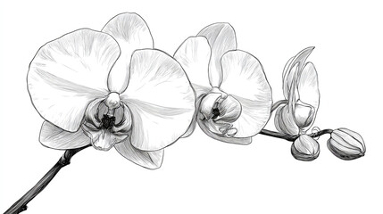 Poster - Detailed monochrome drawing of an orchid branch with open blooms buds