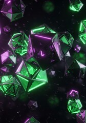 Poster - Glowing Geometric Crystals - Abstract of glowing green and purple geometric crystals floating in dark space. Ideal for tech, gaming, or futuristic designs