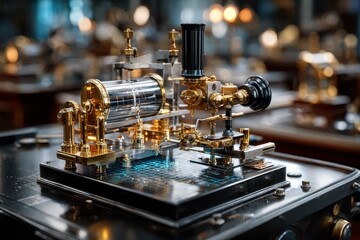 Poster - Steampunk-style machinery showcasing intricate gears and gold detailing in a workshop