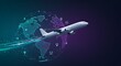 © Shahid - Airplane flying over a digital globe with location pins and connecting lines on a dark background