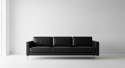 Poster - Modern Black Leather Sofa in Minimalist Room - Sophistication, comfort, elegance, minimalism, and modern design are symbolized in this of a black leather sofa against a white wall