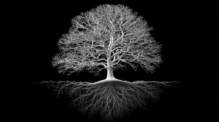 Poster - A stark monochrome image of a tree with exposed roots on black ground