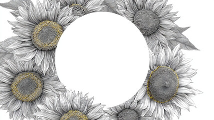Poster - Sunflower sketch frame with a white circle in the middle of the image