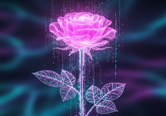 Poster - Rose: Glowing Pink Flower - A representation of a glowing pink rose, symbolizing beauty, technology, modernity, growth, and love