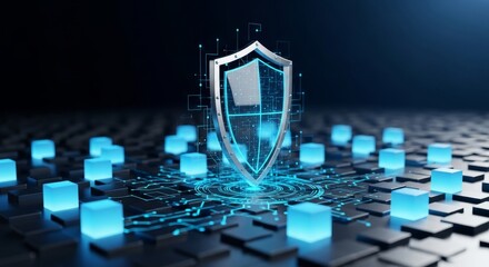 Poster - Shield: Protecting Data in the Cyber Landscape - Cybersecurity, data protection, security, network defense, system safety. A metallic shield safeguards glowing data cubes