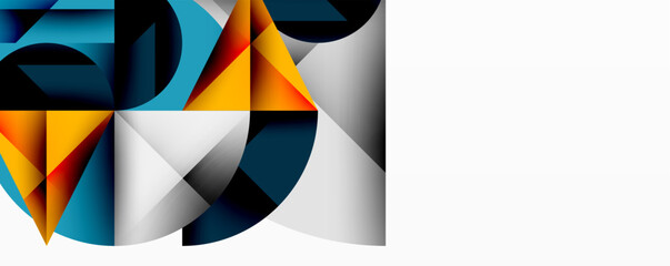 Poster - Abstract geometric shapes overlap, creating dynamic composition. Blue, orange, gray tones dominate design. Modern aesthetic.