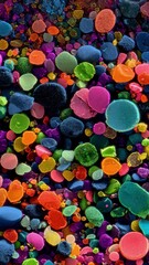 Poster - Macro photography of multicolored microplastic granules exhibiting fluorescence when exposed to UV light perfect for educational and scientific purposes. This detailed image illustrates