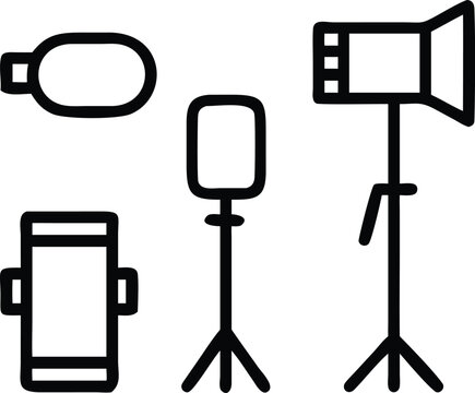 Black outline icons of photography lighting equipment on white background studio