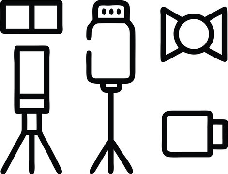 Five black outline icons of photography equipment on white background camera icon tripod icon