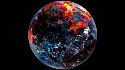 Wall Mural - 3d render of abstract art video animation glass ball with organic bacteria shape stone rock coral reef inside in deformation transformation process in white purple and blue colors on black background