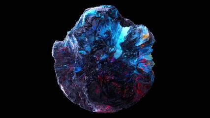 Wall Mural - 3d render of abstract art video animation of surreal damaged stone metal mineral rock asteroid planet with rough grunge texture with neon glowing red and blue mix color parts on black background