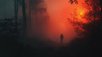 Poster - Silhouette of a Lone Figure in a Mysterious Forest with Ethereal Fog and Warm Orange Light at Dusk 4k video footage