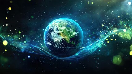 Poster - Stunning Digital Rendering of Earth Surrounded by Starry Space and Colorful Light Particles in a Cosmic Setting 4k video footage