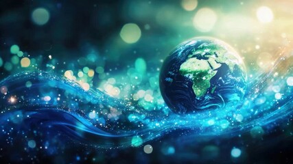 Poster - Stunning Global Visualization with Earth and Glowing Particles in Vibrant Blue and Green Colors 4k video footage