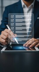 Poster - Virtual checklist interface with stylus and tablet. Modern professional form-filling and digital workflow. Business executive using futuristic tech.