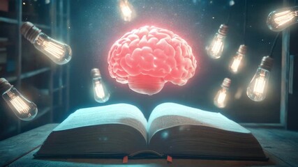 Poster - Open book with glowing brain and floating light bulbs representing ideas, knowledge, and creativity in a dark library setting 4k video footage