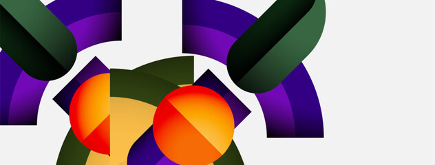 Fototapete - Abstract shapes, vibrant colors, geometric forms create dynamic composition. Orange, purple, green dominate visual space. Modern design.