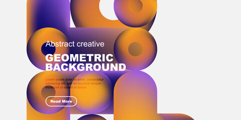 Poster - Vibrant geometric shapes overlap, creating modern abstract background. Orange, purple hues dominate design, text present.