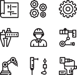 Fototapete - Engineering and Manufacturing Icon Set A collection of nine distinct line art icons representing various aspects of engineering manufacturing and industrial processes isolated on white
