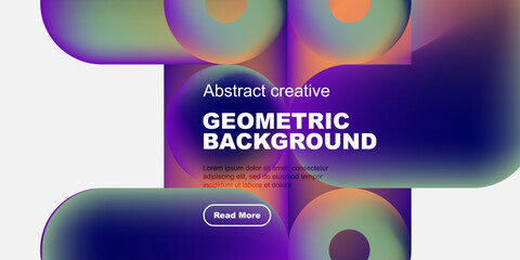 Poster - Abstract geometric shapes, vibrant colors, modern design. Text overlay presents creative background information, button included.