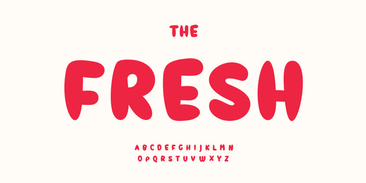 Sweet bubble font, bold rounded letters, cute candy alphabet, juicy cartoon typeface, playful kid branding typography, fun snack typeset, zesty typographic design for kid branding. Vector typeset.