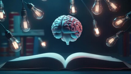 Poster - Creative Concept of Knowledge with a Brain Over an Open Book Surrounded by Bright Light Bulbs in a Dark Setting 4k video footage