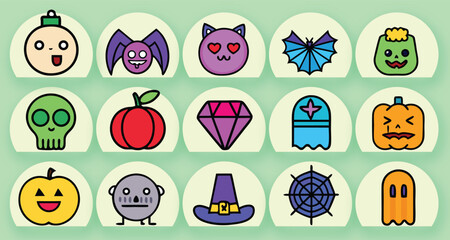 Poster - Cute Halloween icons featuring pumpkins bats skulls and ghosts vector
