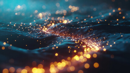 Abstract glowing particles and bokeh lights shimmer across dark rippling water surface with ethereal blue and orange hues