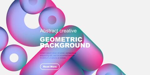 Poster - Abstract geometric shapes, vibrant colors, modern design. Text overlay present, button visible. Minimalist aesthetic, dark background.