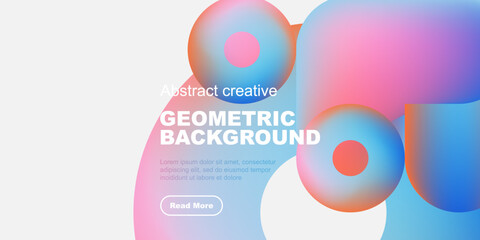 Fototapete - Vibrant geometric shapes overlap, creating colorful background. Text promotes content with read more button. Modern design.