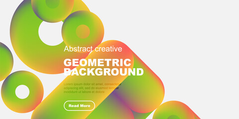 Poster - Vibrant abstract shapes overlap white space. Text promotes geometric background design, inviting further exploration.