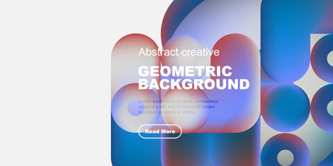 Poster - Abstract geometric background features vibrant shapes, text, button. Modern design with blue, red hues. Minimalist aesthetic.