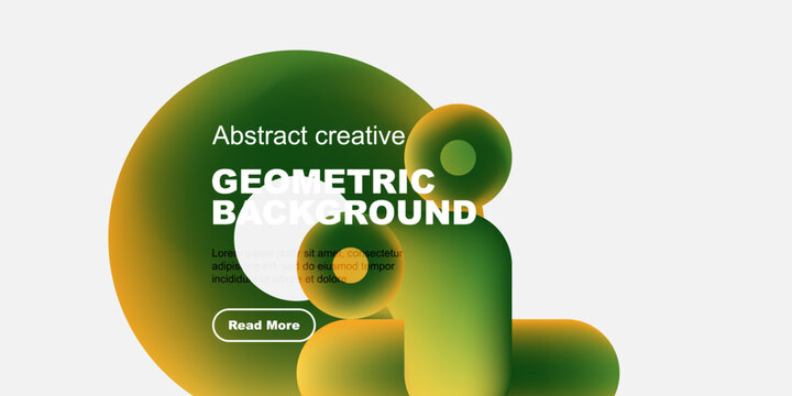 Abstract geometric shapes, vibrant colors, modern design. Text overlay includes geometric background, plus button labeled read more. Clean, minimalist aesthetic.