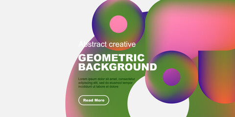 Leinwandbilder - Vibrant abstract shapes overlap white space. Text promotes geometric background design, includes read more button. Modern, colorful presentation.