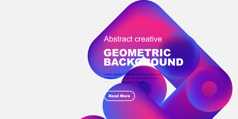 Poster - Abstract geometric background features vibrant shapes, text, button. Modern design with purple, blue hues over white space.