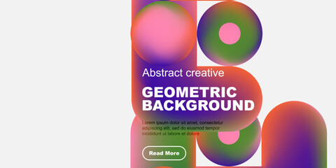 Poster - Vibrant geometric shapes overlap black background. Text promotes abstract creative design, includes read more button. Modern, colorful composition.