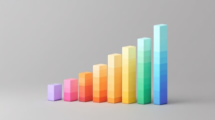Poster - A 3D colorful bar chart with ascending rectangular blocks in pastel shades on a neutral background, virtual 3D dashboard with AI