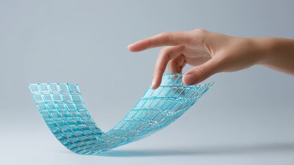 Poster - A hand holding a flexible, transparent, futuristic digital screen composed of small blue squares, virtual 3D dashboard with AI