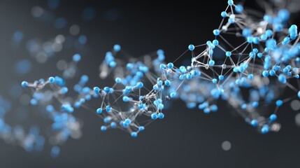 Poster - A 3D representation of a molecular or neural network model with interconnected nodes and lines in blue and white on a dark background, virtual 3D dashboard with AI