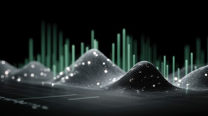 Poster - Abstract 3D digital landscape with glowing nodes and vertical bars, representing data waves or a futuristic network visualization on a dark background, virtual 3D dashboard with AI
