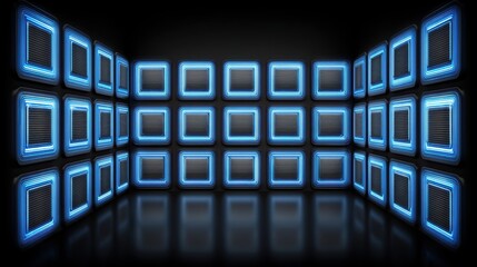 Poster - A futuristic digital room with blue glowing square panels arranged on three walls, creating a high-tech immersive environment with reflective flooring, virtual 3D dashboard with AI