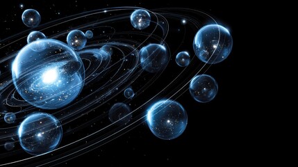 Poster - A digital illustration of glowing blue spheres orbiting in space, resembling an abstract atomic or planetary system with bright reflections and orbit lines, virtual 3D dashboard with AI