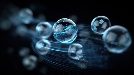 Poster - Transparent spheres connected by glowing blue lines float in a dark space, illustrating a futuristic, digital network or molecular structure, virtual 3D dashboard with AI