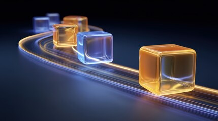Poster - Transparent blue and amber cubes moving along glowing curved tracks on a dark background, symbolizing data flow or futuristic technology, virtual 3D dashboard with AI